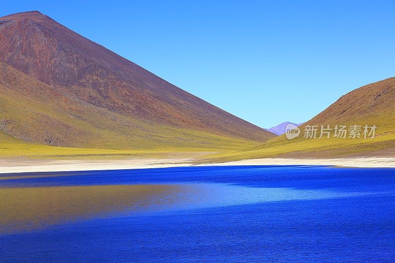 Lagunas Miñiques和Miscanti -湖泊和雪顶火山山-绿松石湖和田园般的阿塔卡马沙漠，火山景观全景-圣佩德罗阿塔卡马，智利，Bolívia和阿根廷边境